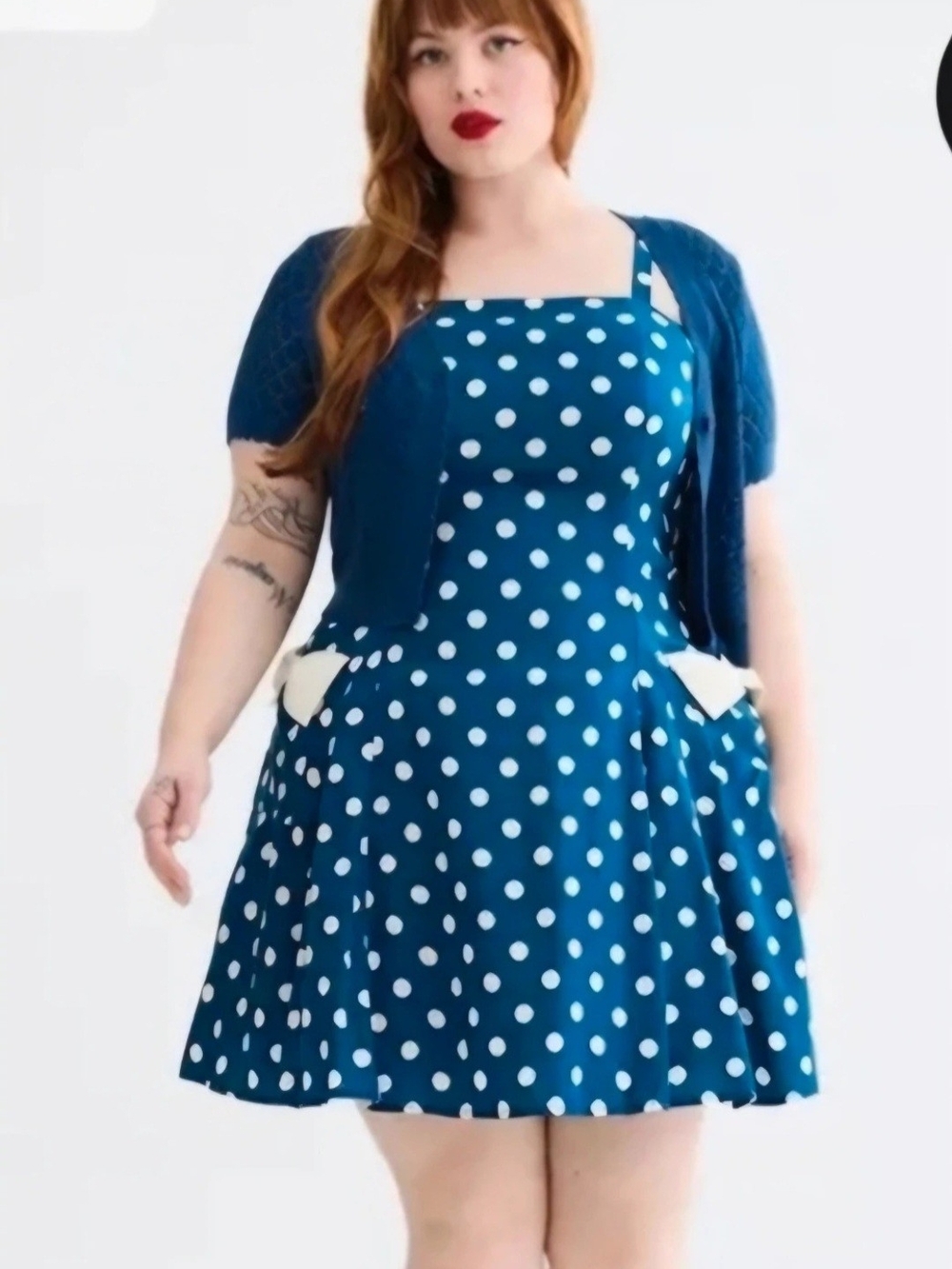 torrid Teal Polka Dot Square-Neck Mini Dress with White Pocket Bows